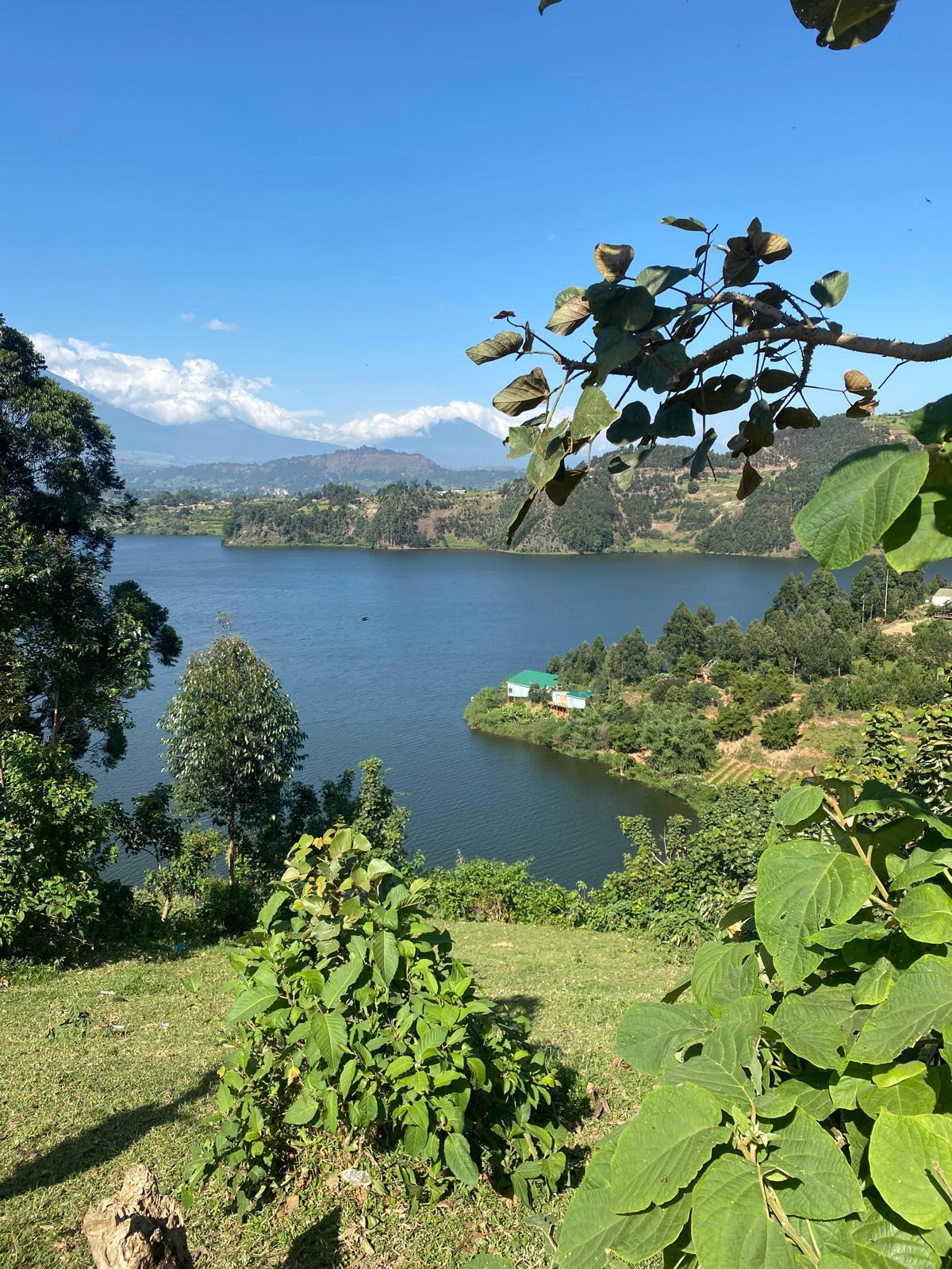 Lake Mulehe with the Virunga volcanoes on the horizon