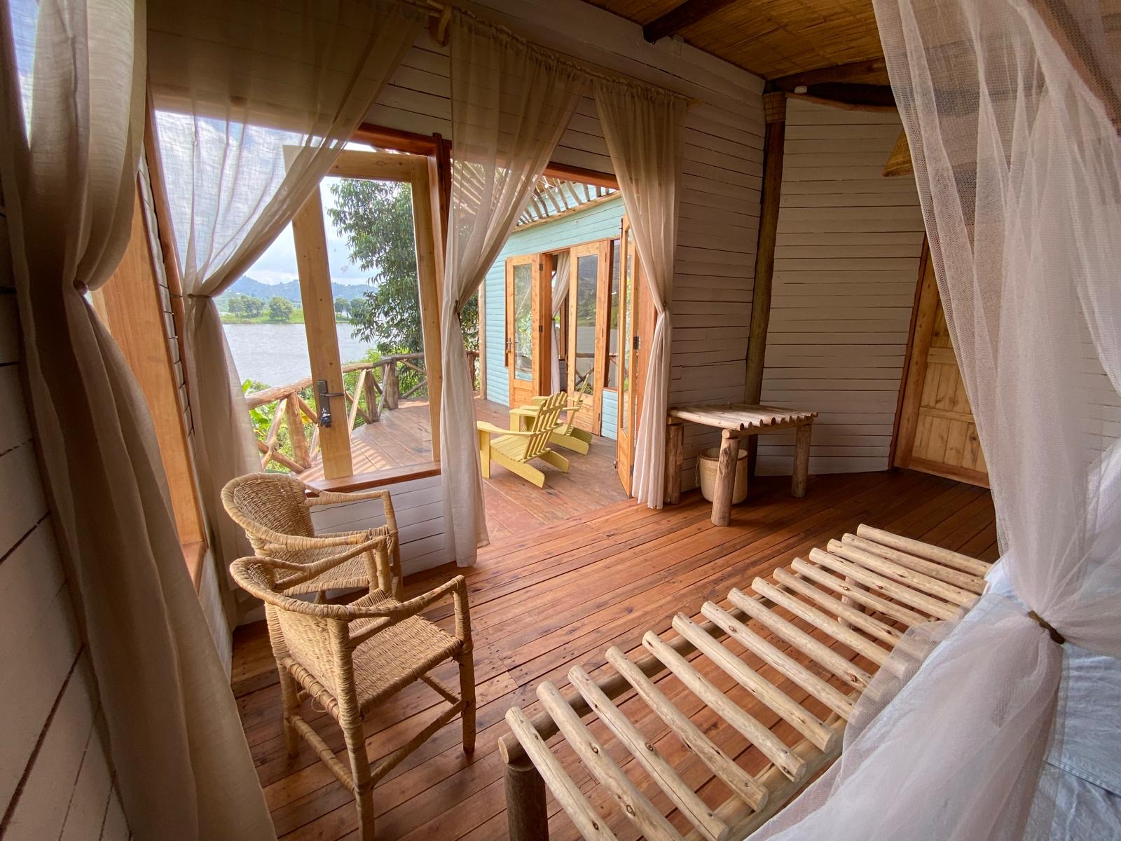 Cabin interior with mosquito nets