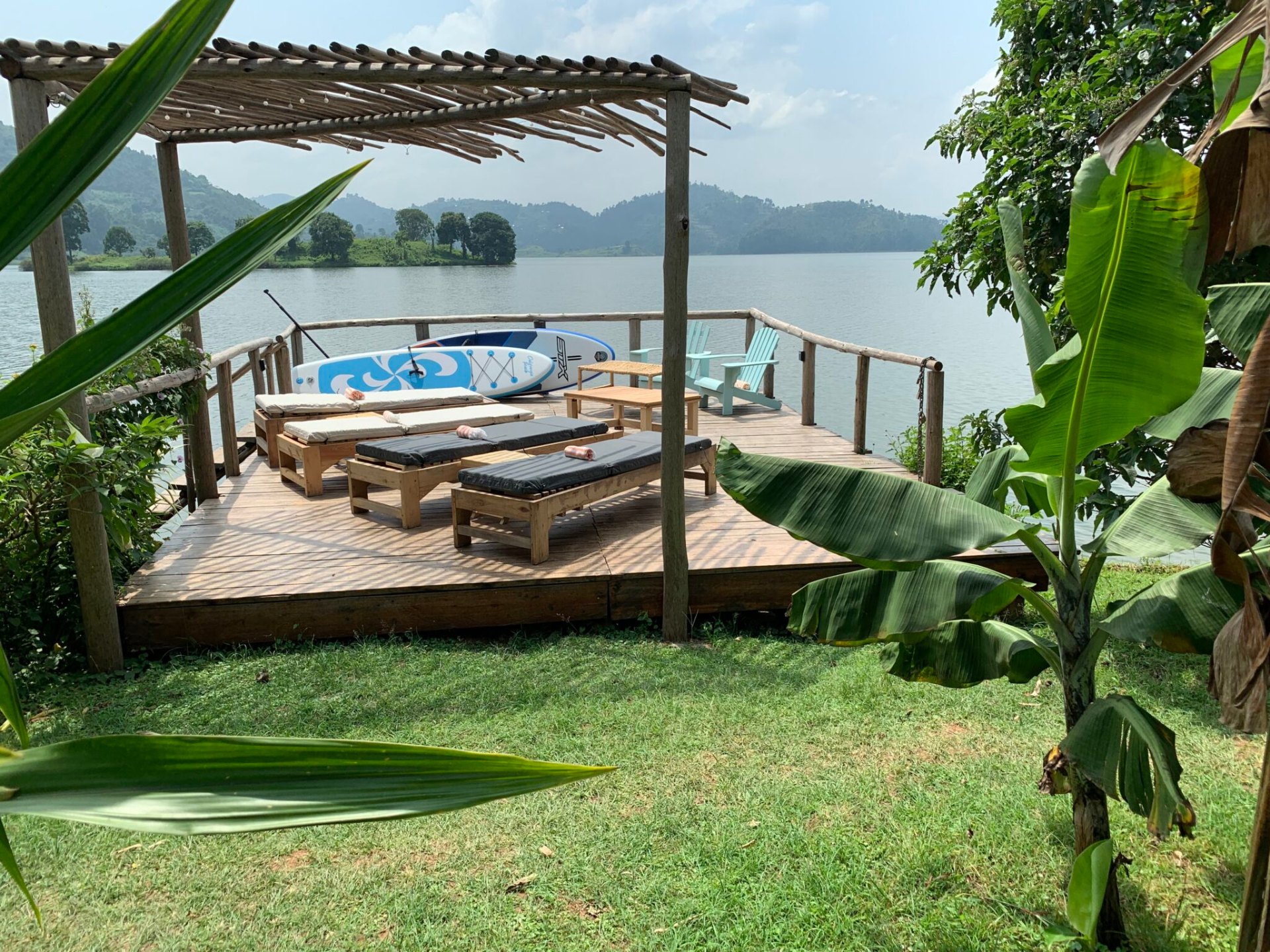 Lakeside deck with paddleboards